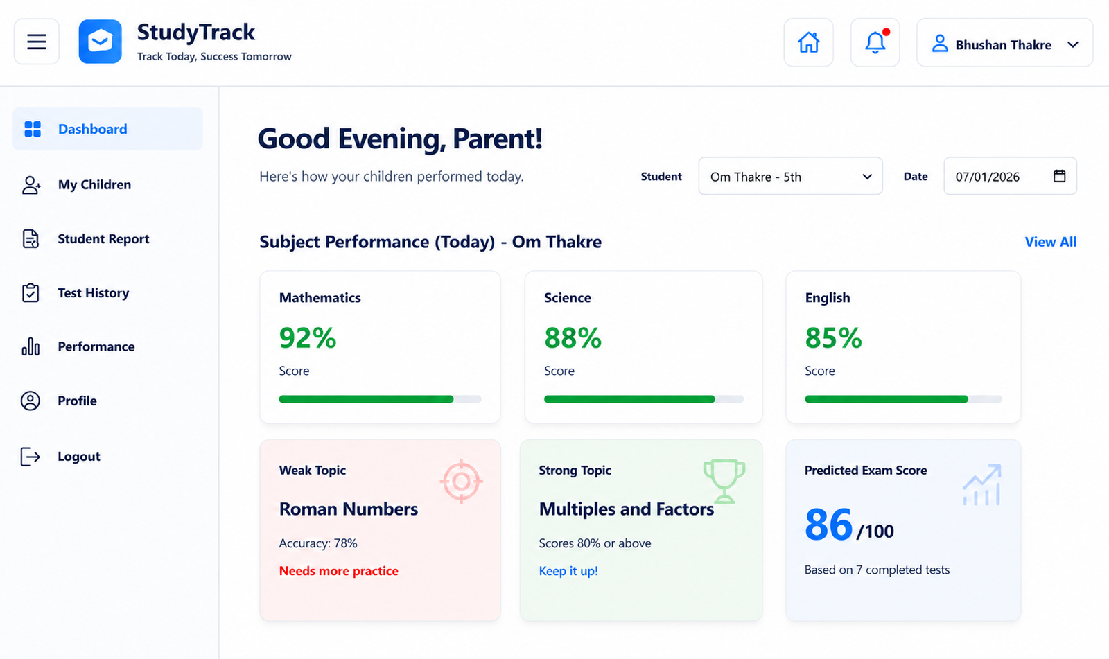 StudyTrack parent dashboard preview